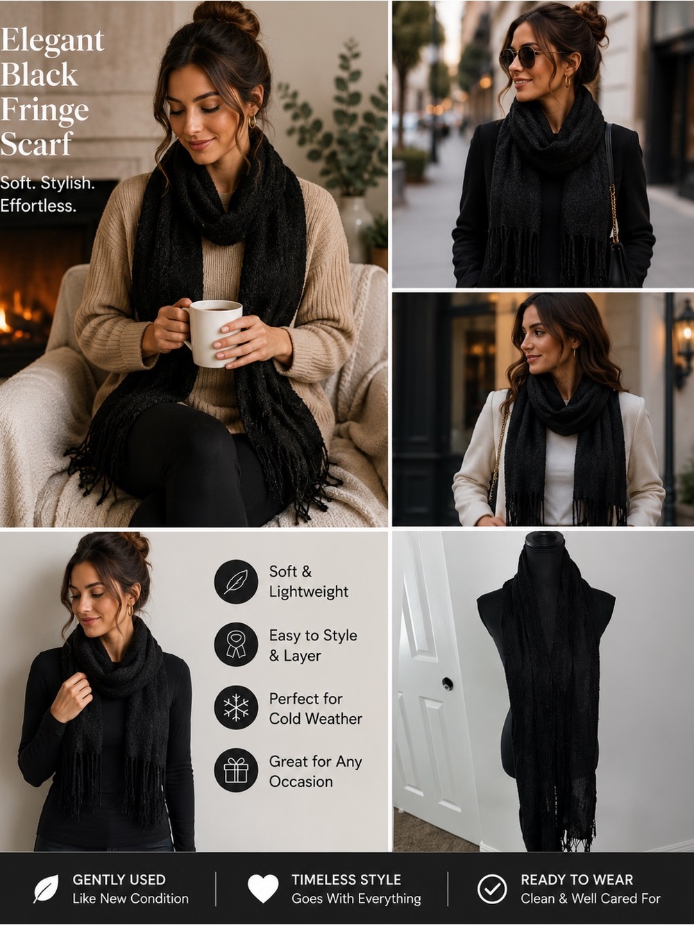 Elegant Black Fringe Scarf | Soft Lightweight Wrap | Classic Winter Accessory